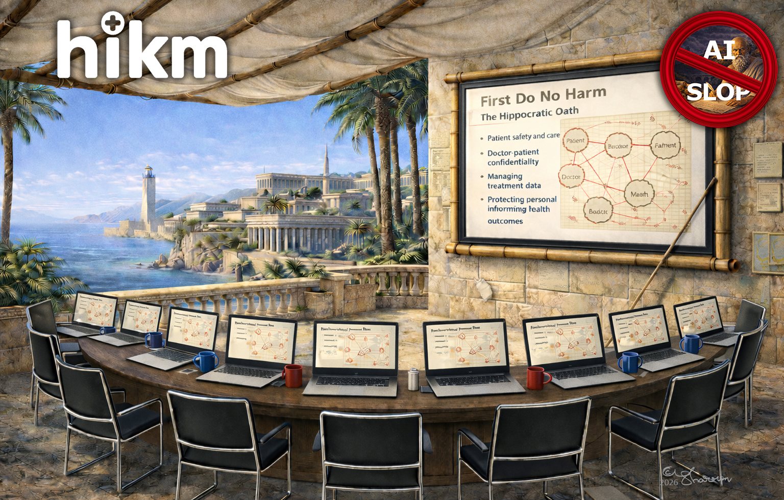 HIKM Conference set at the Ancient Library of Alexandria looking out to the Lighthouse of Alexandria