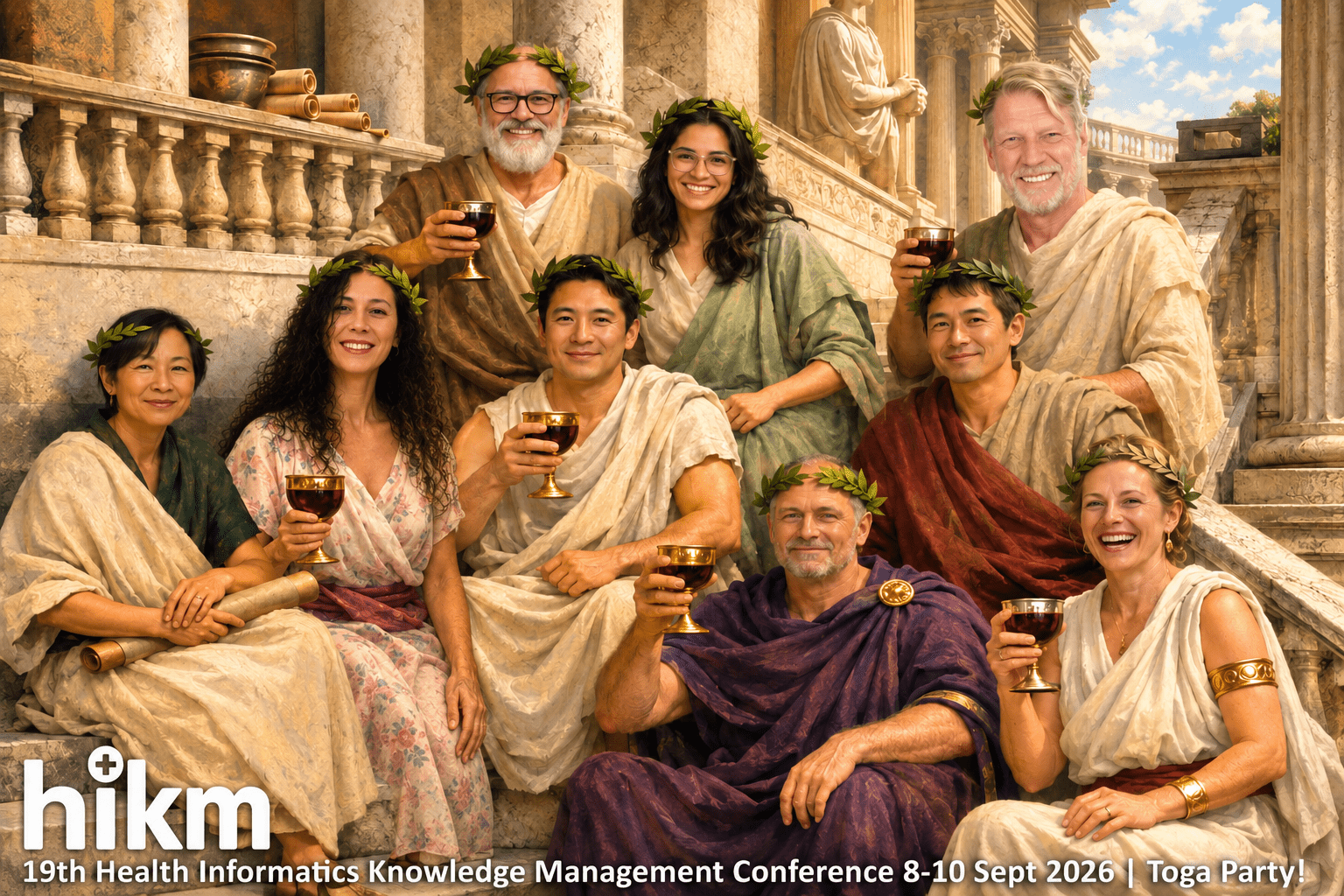 professors toga party on steps of Great Library of Alexandria - Sharron.Art